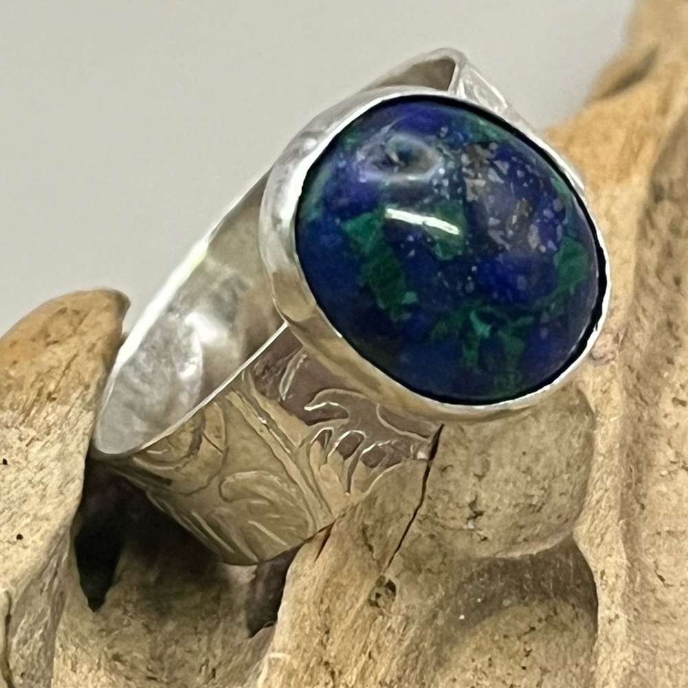 Sterling Silver and Malachite/Azurite Gemstone Ring with Textured Finish